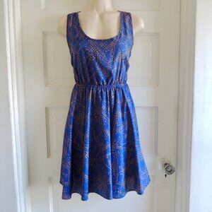 Anthro Everly Blue & Gold Exposed Zip Mini Dress S